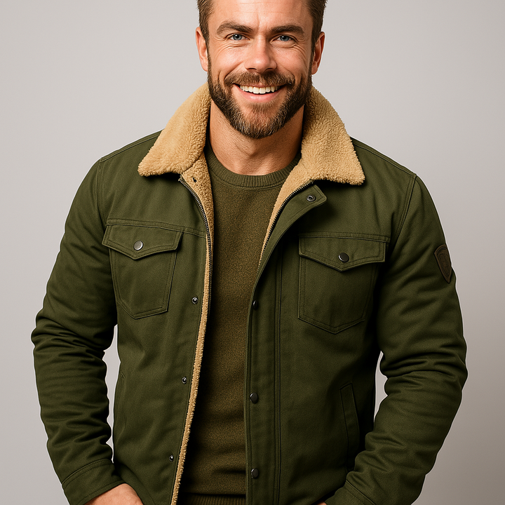 Stylish men's button-front shearling collar jacket, perfect for smart casual layering in winter.