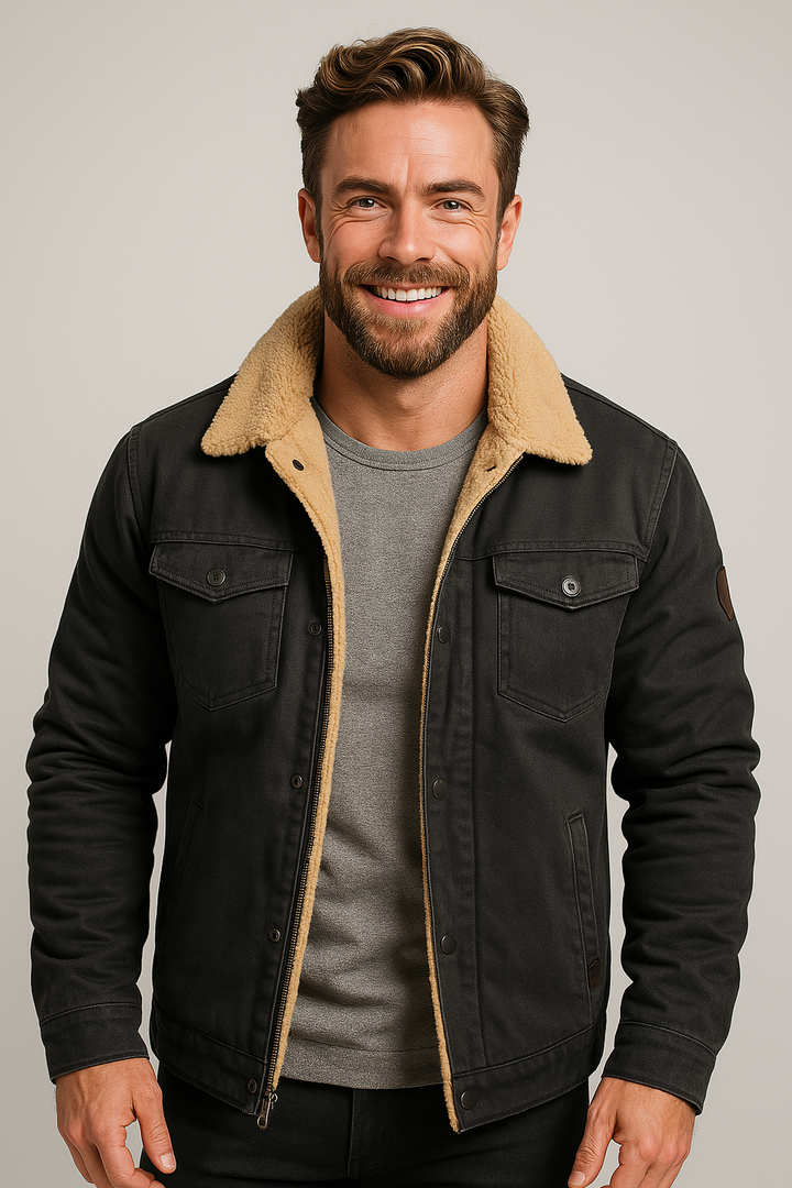 Warm men's shearling collar outerwear jacket, versatile for casual or smart casual cold weather style.