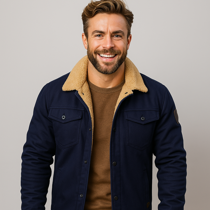 Classic men's shearling collar jacket, cozy and durable winter wear designed for lasting warmth.