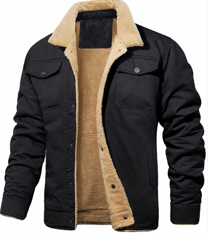 Elegant men's shearling collar jacket, a functional and stylish essential for winter outerwear.