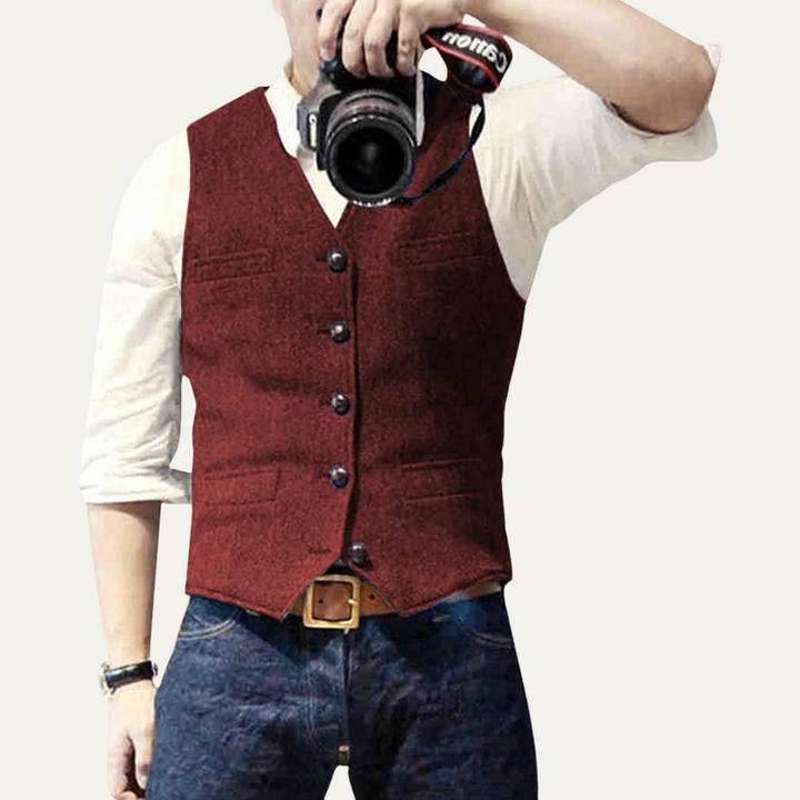 Classic men's button-up vest, a sophisticated layering piece for formal and casual occasions.
