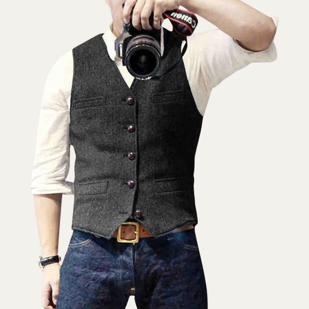 Stylish men's button-up waistcoat, adding a refined touch to any outfit, formal or casual.