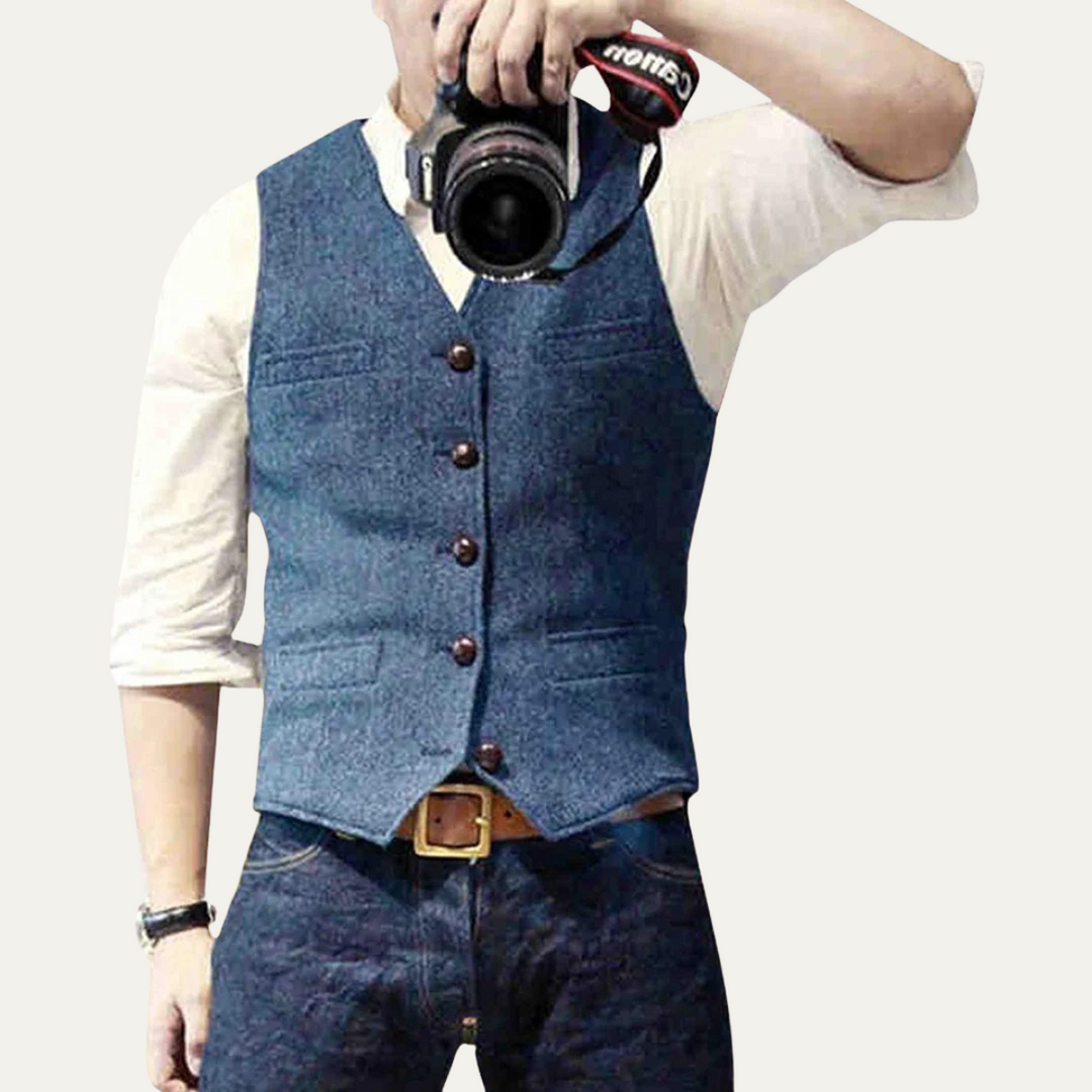 Elegant men's vest, featuring a classic button-up design, perfect for a tailored wedding look.