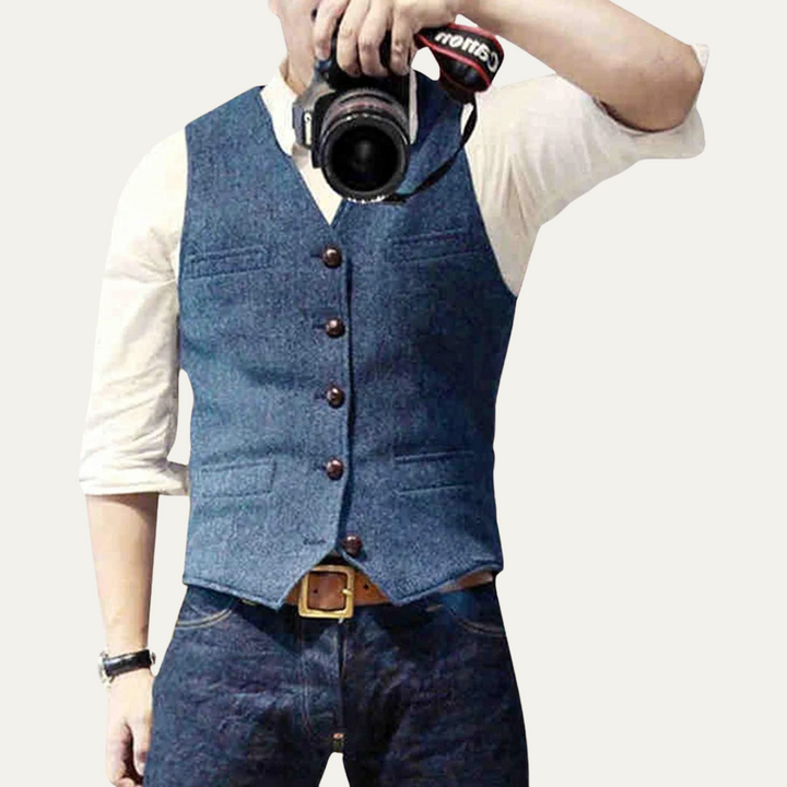 Elegant men's vest, featuring a classic button-up design, perfect for a tailored wedding look.