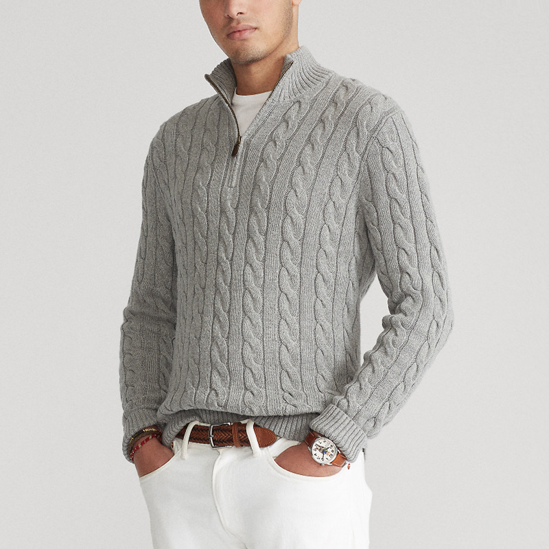 Men's classic cable knit half-zip sweater. Cozy long sleeve pullover for stylish winter layering.