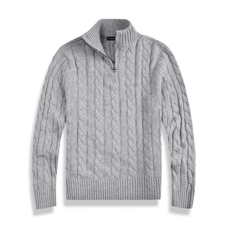 Versatile men's half-zip cable knit sweater, perfect for cool weather and casual winter fashion.