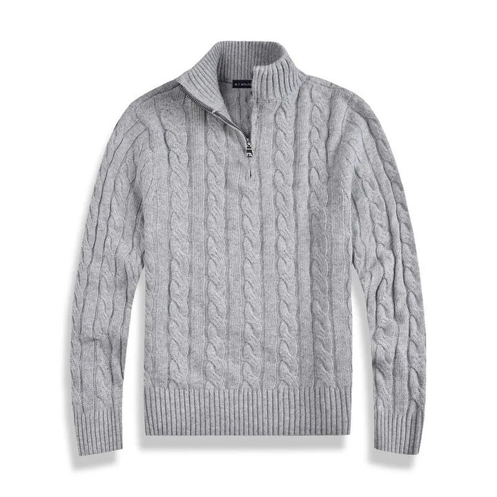 Versatile men's half-zip cable knit sweater, perfect for cool weather and casual winter fashion.