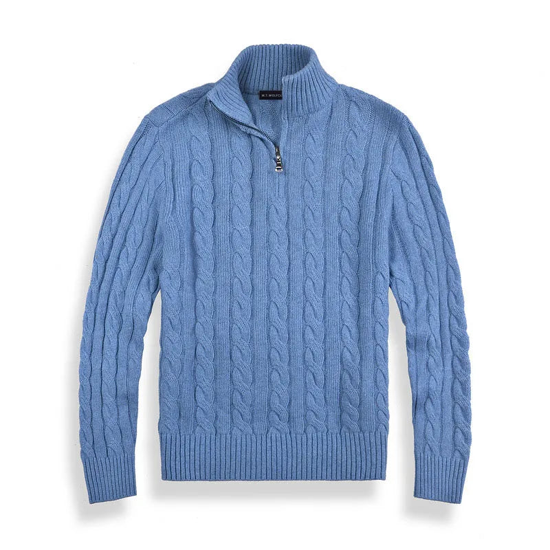 Warm men's long sleeve cable knit sweater for winter. Half-zip design, ideal for layering.