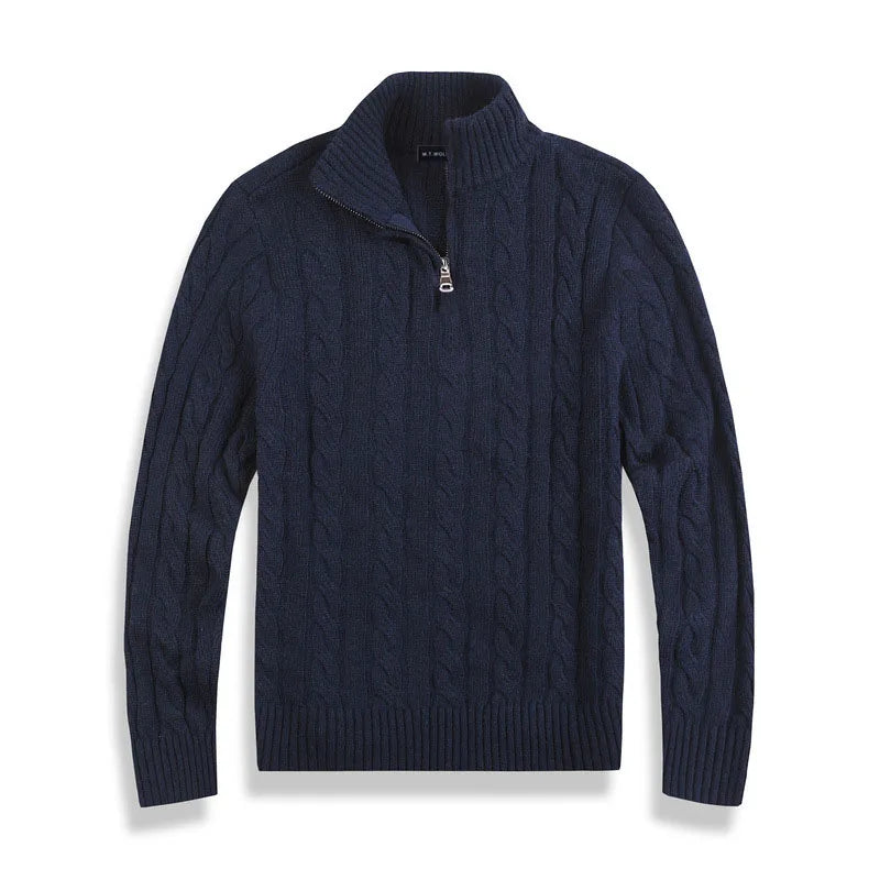 Close-up of men's cable knit sweater texture, featuring a half-zip neckline. Perfect for cool weather.