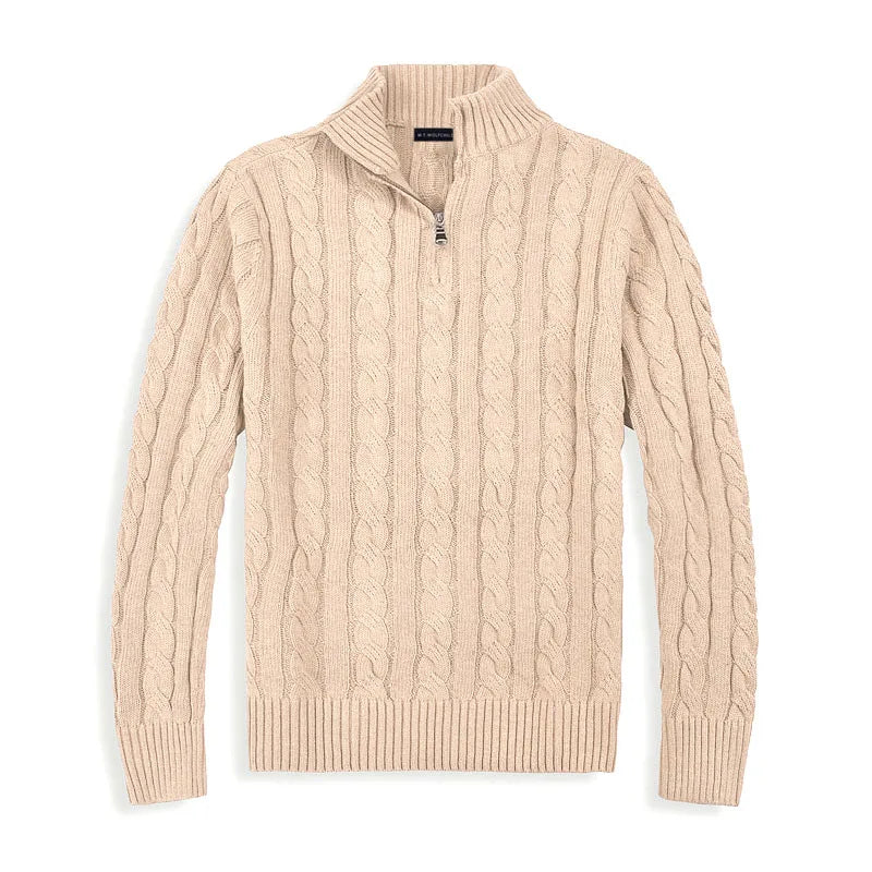 Men's half-zip cable knit pullover. Cozy, versatile, and stylish knitwear for modern winter fashion.