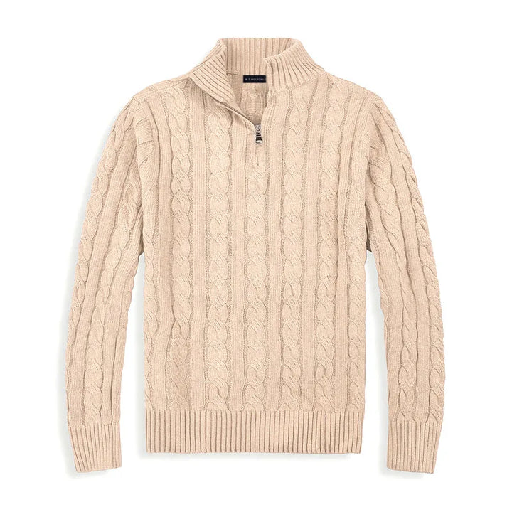 Men's half-zip cable knit pullover. Cozy, versatile, and stylish knitwear for modern winter fashion.