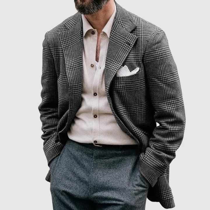 Professional men's tailored checkered blazer, perfect for business attire or elevating smart casual fashion.