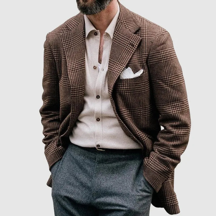 Stylish men's checkered blazer. Classic tailored jacket for formal events, business, or smart casual outfits.