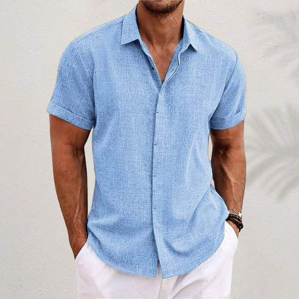 Comfortable men's relaxed fit button shirt, classic collar, short sleeve. Stylish for casual & everyday summer wear.