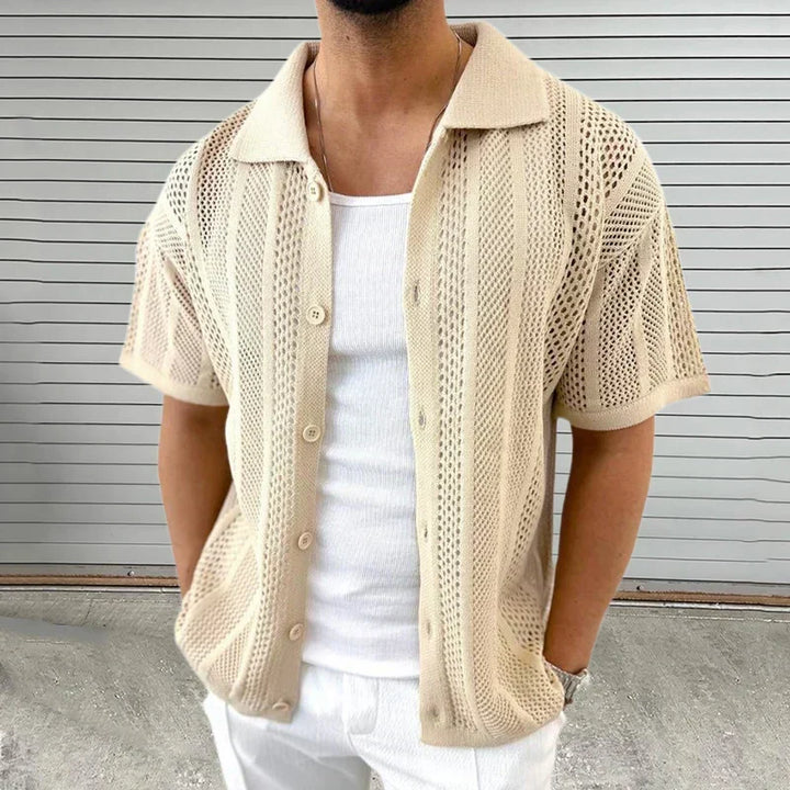 Men's classic collar knit shirt, short sleeve, perfect for casual summer style & smart casual looks.