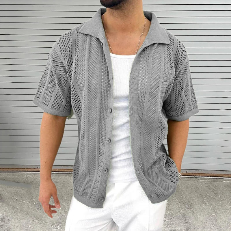 Comfortable & breathable men's knit shirt, classic collar, short sleeve for relaxed summer fashion.