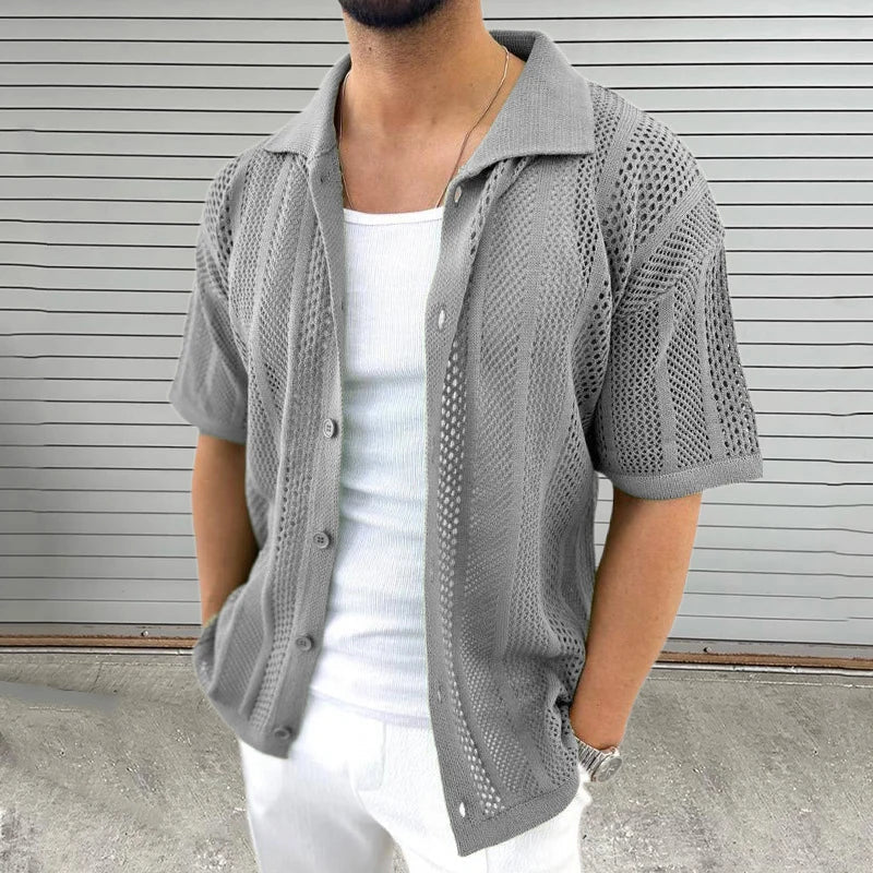 Stylish men's classic collar knit top, short sleeve, great for summer casual and smart casual outfits.