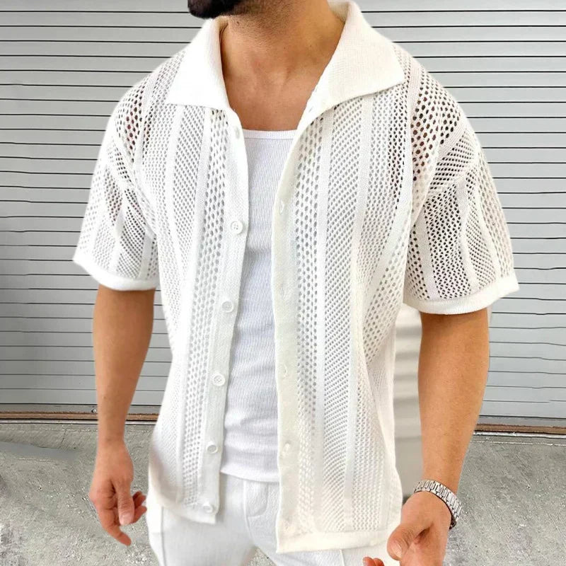 Lightweight men's knit shirt, short sleeve with classic collar for breathable, relaxed summer comfort.