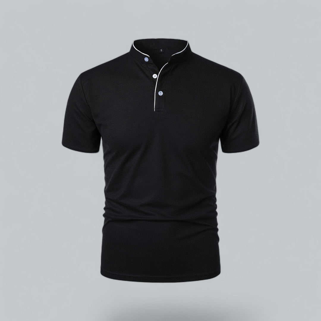 Modern men's collarless short sleeve polo, combining comfort with sophisticated style.