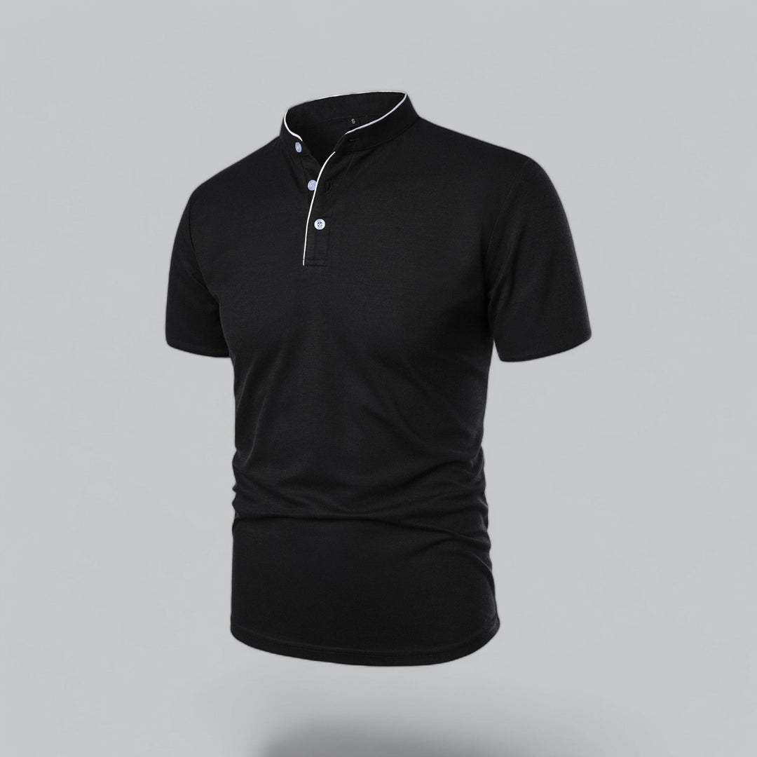 Smart men's collarless polo shirt, short sleeve design for warm weather versatility.