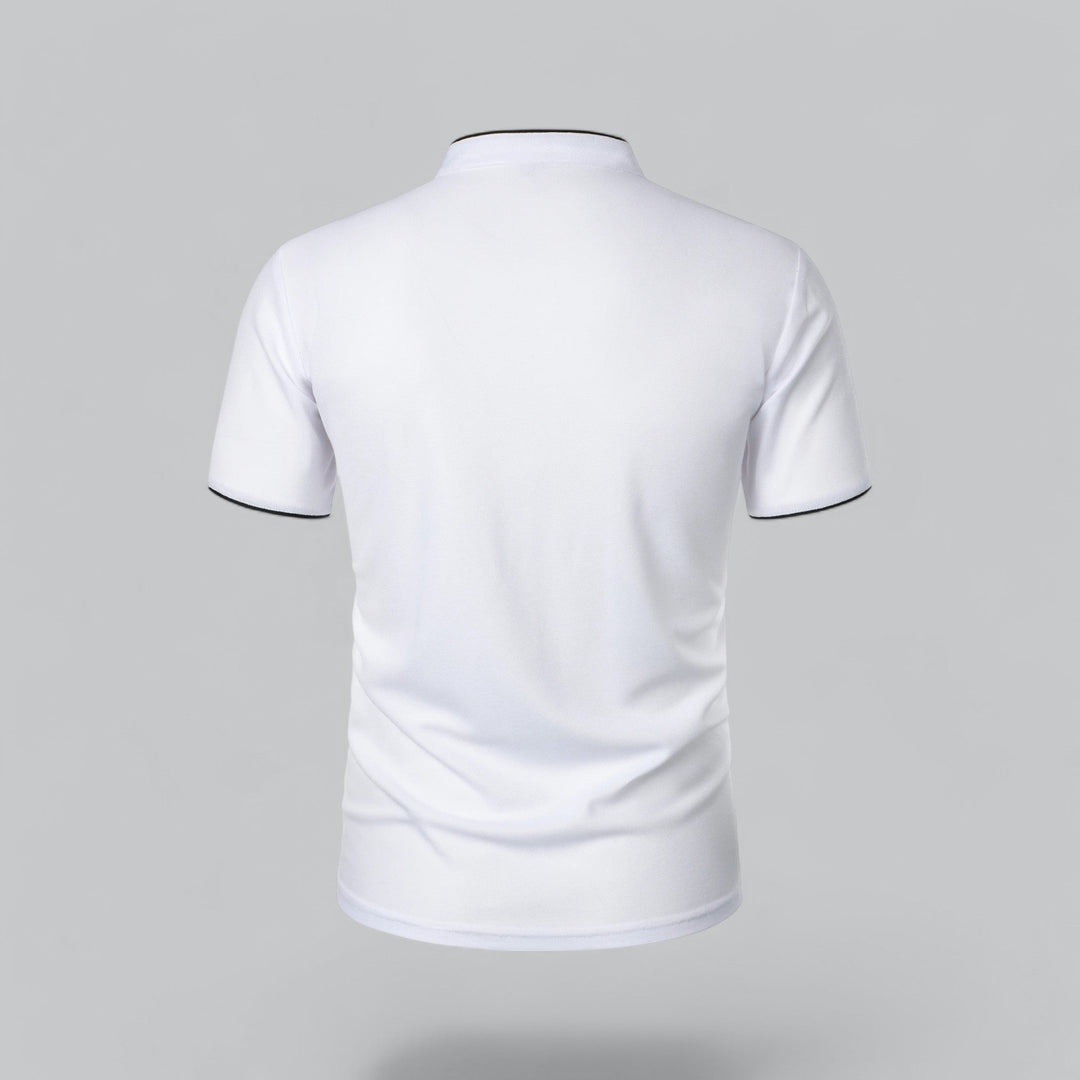 Stylish men's collarless polo shirt, perfect for smart casual autumn outfits.