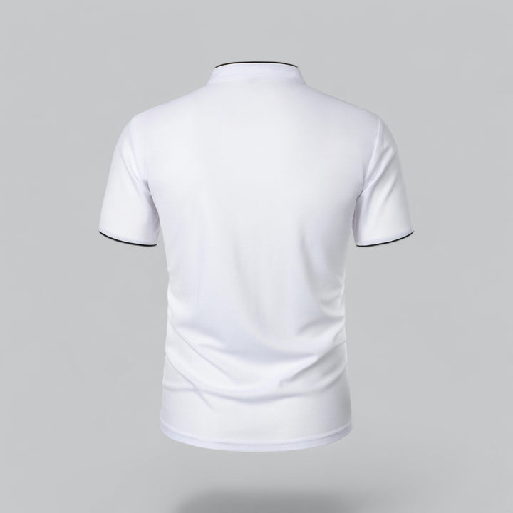 Stylish men's collarless polo shirt, perfect for smart casual autumn outfits.