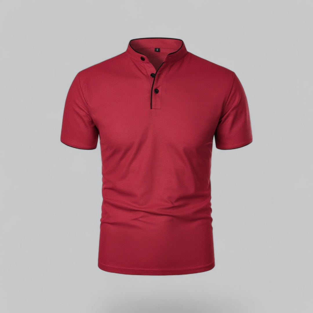 Stylish men's short sleeve collarless polo, a key piece for summer versatility.