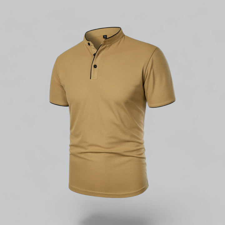 Casual tailored fit men's collarless polo shirt, ideal for everyday wear.