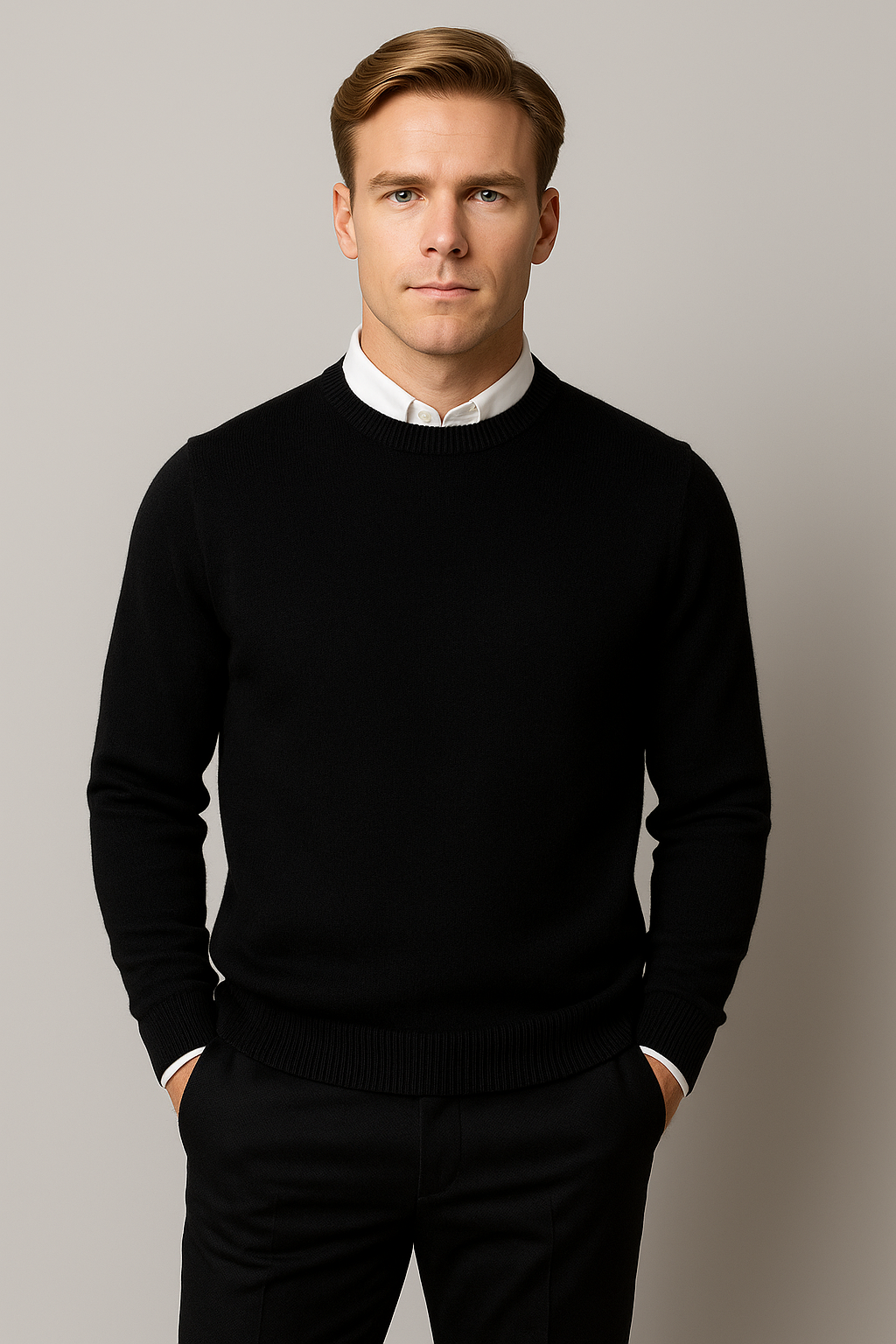 Men's classic crew neck knit sweater in a versatile solid color, perfect for everyday style.