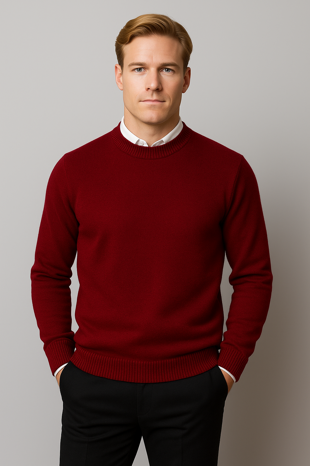 Finely knit men's classic crew neck sweater, providing comfort and a refined aesthetic.