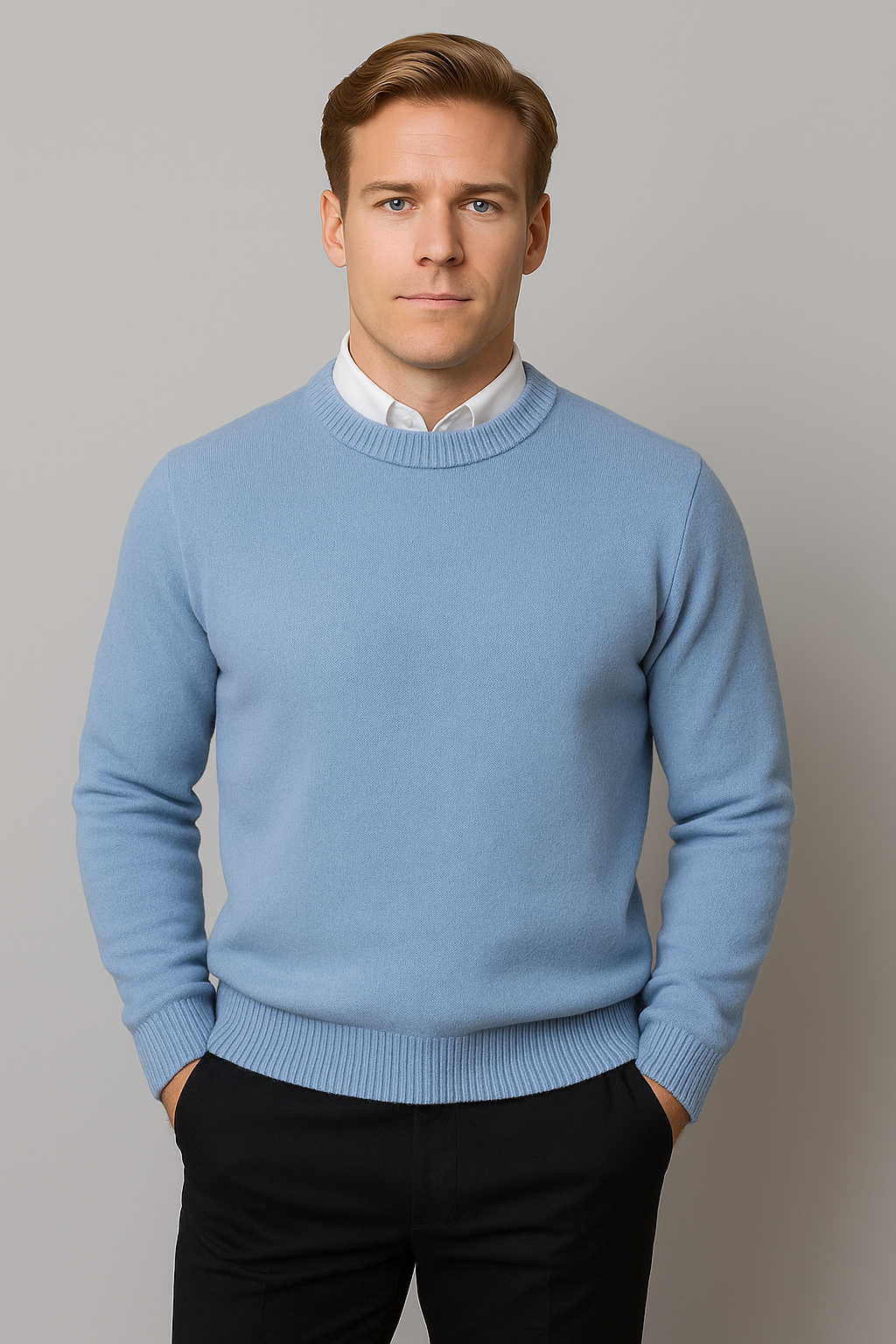 Soft touch men's classic crew neck sweater, offering warmth and a sophisticated casual appeal.