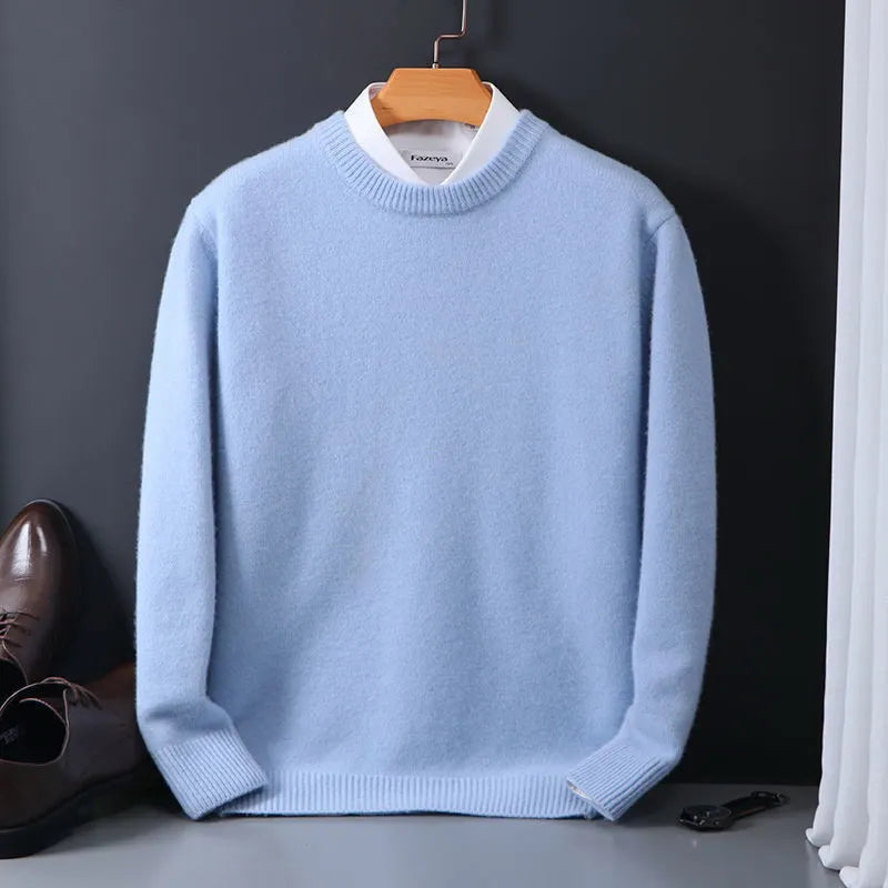 Essential men's long-sleeve crew neck knit sweater, perfect for transitioning seasons with ease.