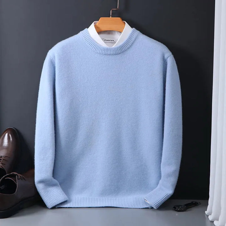 Essential men's long-sleeve crew neck knit sweater, perfect for transitioning seasons with ease.