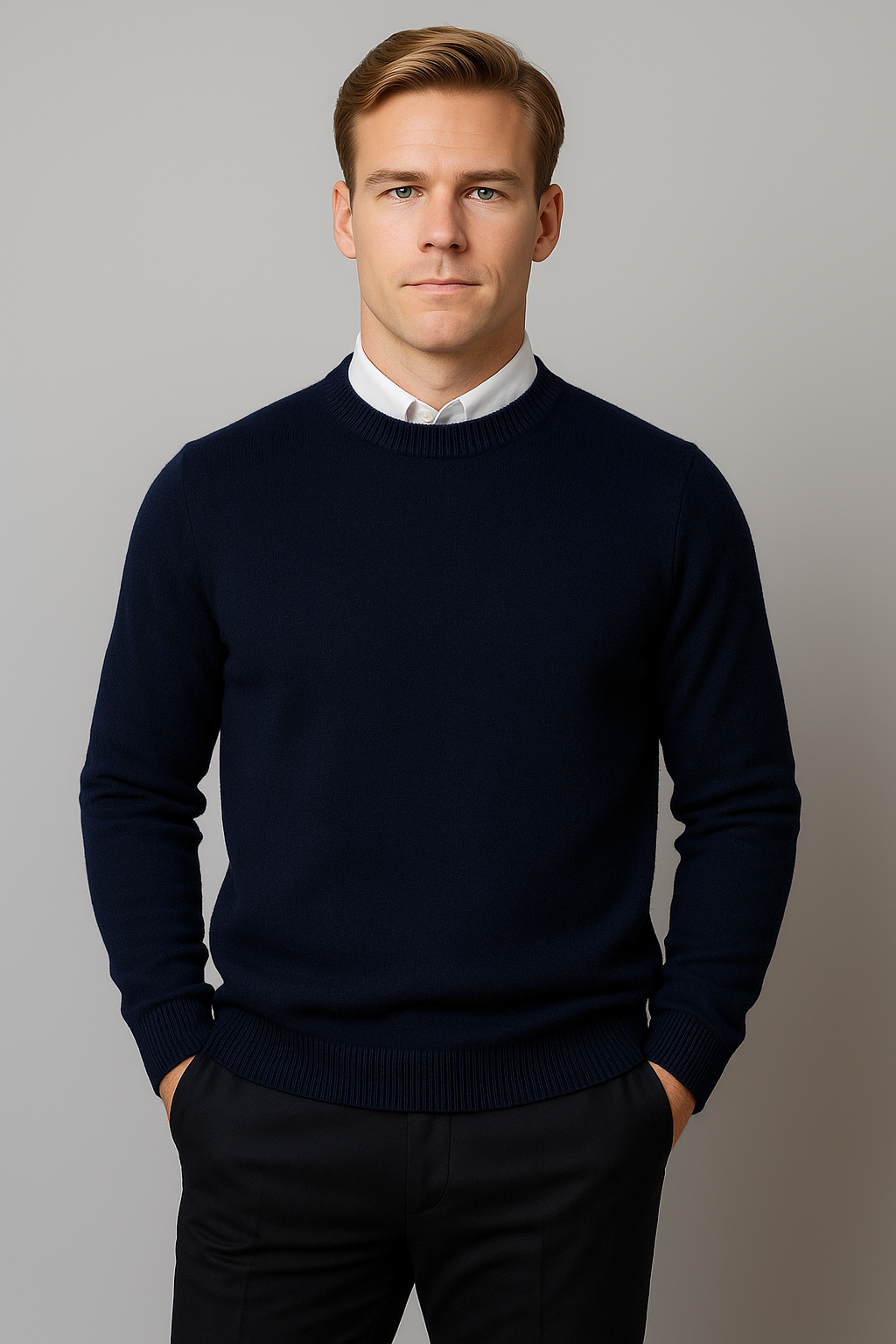 Relaxed fit men's crew neck knit sweater, featuring a classic silhouette for everyday wear.