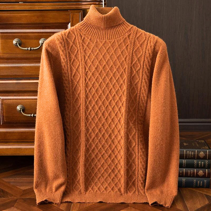 Men's classic diamond cable knit turtleneck sweater, a warm pullover perfect for winter.