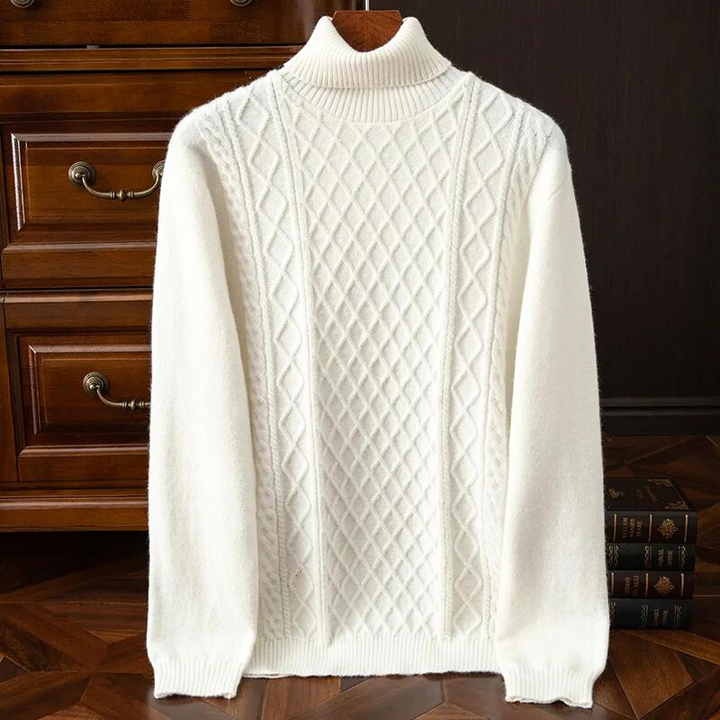 Elegant men's long sleeve cable knit turtleneck sweater, a versatile choice for casual winter fashion.
