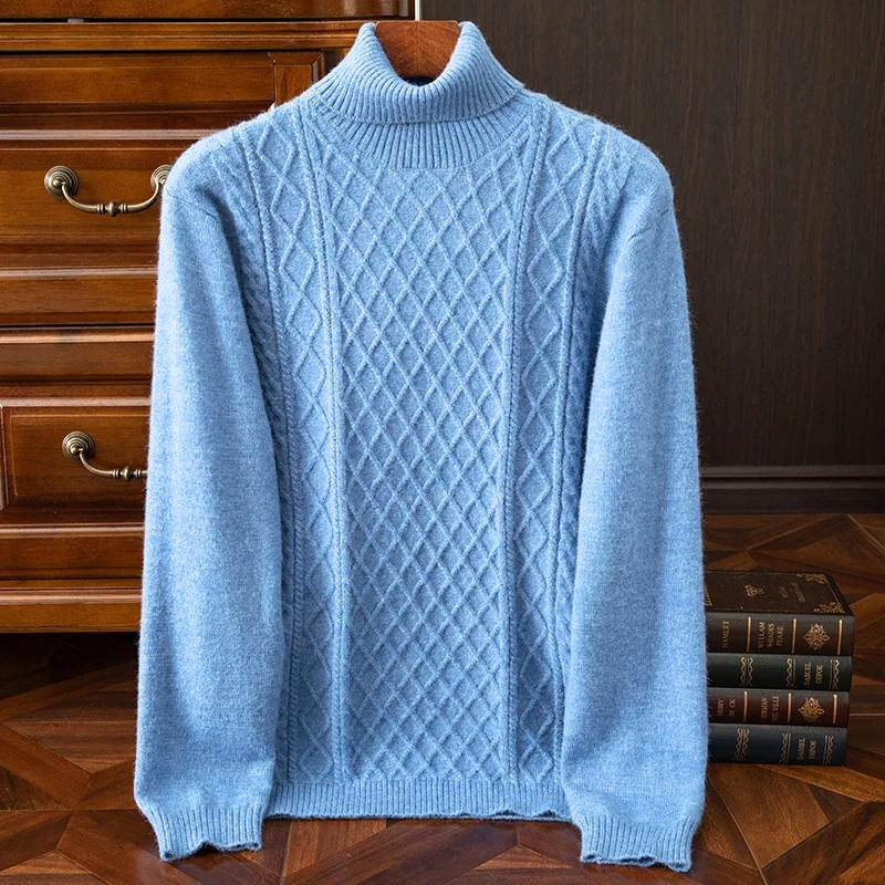 Stylish men's pullover diamond cable knit turtleneck, offering warmth and a sophisticated look.