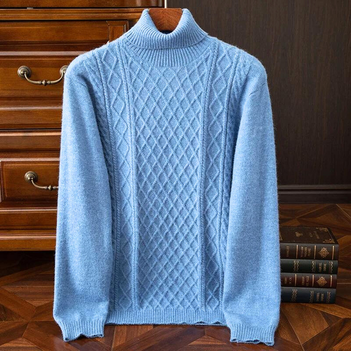 Stylish men's pullover diamond cable knit turtleneck, offering warmth and a sophisticated look.