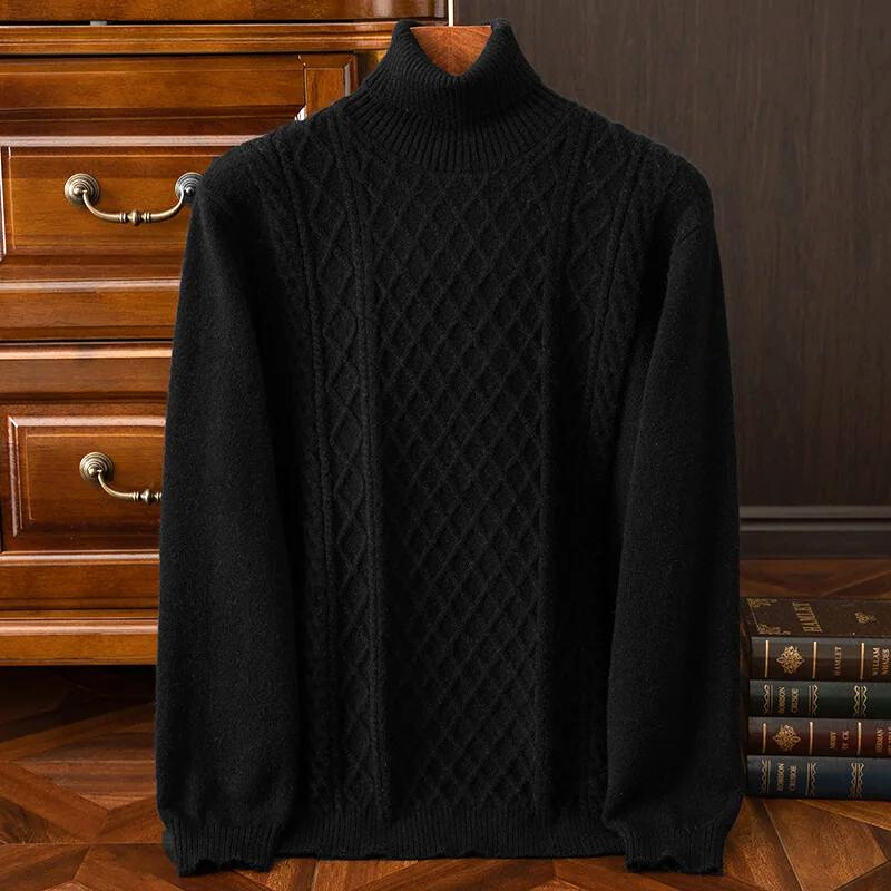 Close-up of a men's diamond cable knit turtleneck sweater, showcasing the intricate knit texture.