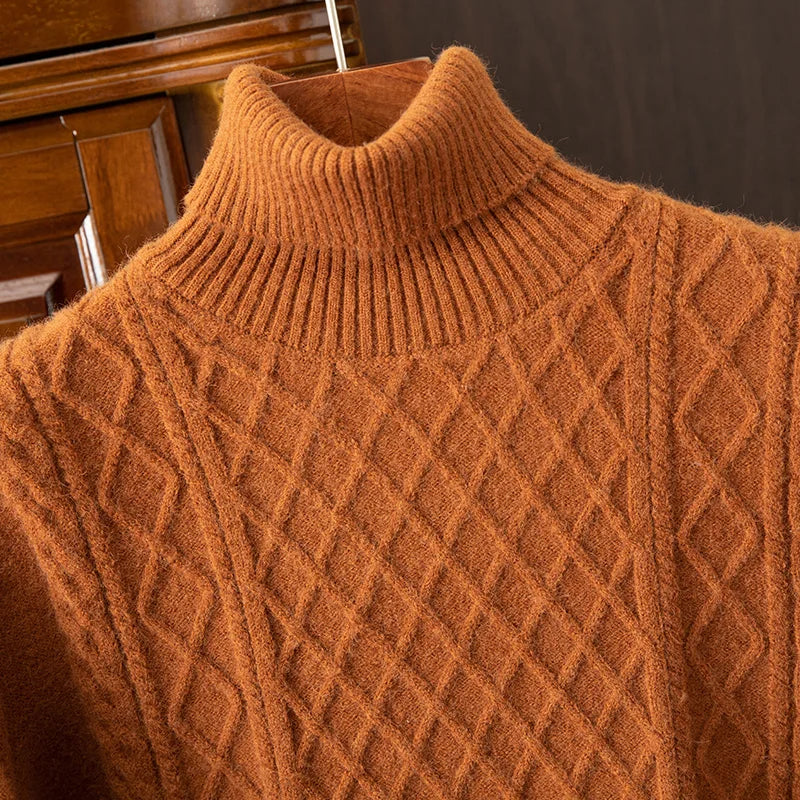 Fashionable men's knit turtleneck sweater with a distinct diamond cable pattern, long sleeve design.