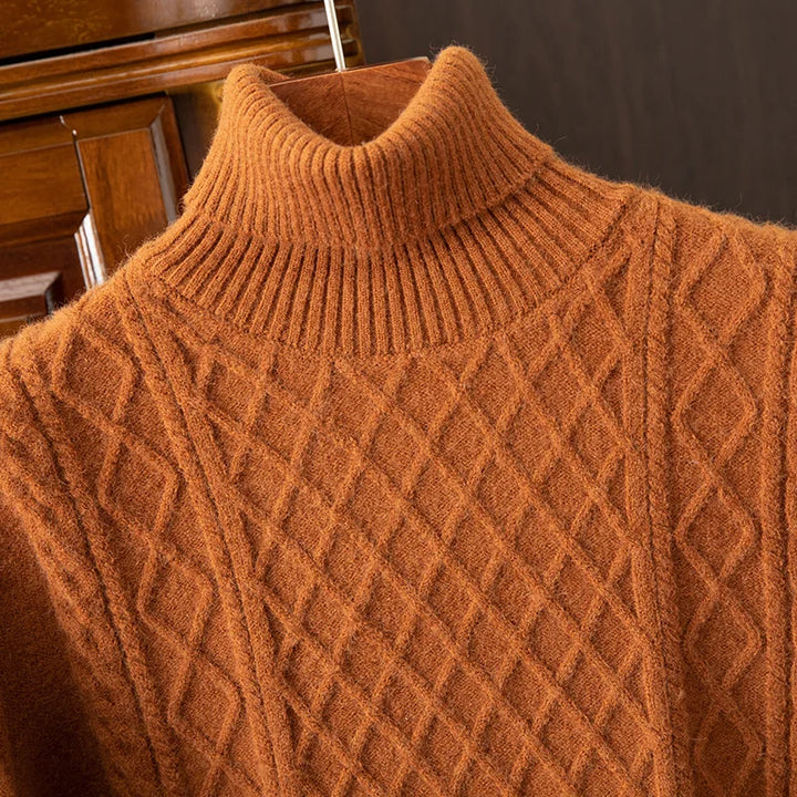 Fashionable men's knit turtleneck sweater with a distinct diamond cable pattern, long sleeve design.