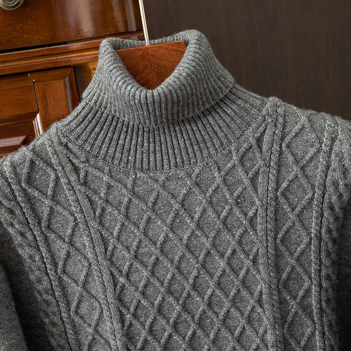 Soft & warm men's diamond cable knit turtleneck, a cozy pullover for cold weather style.