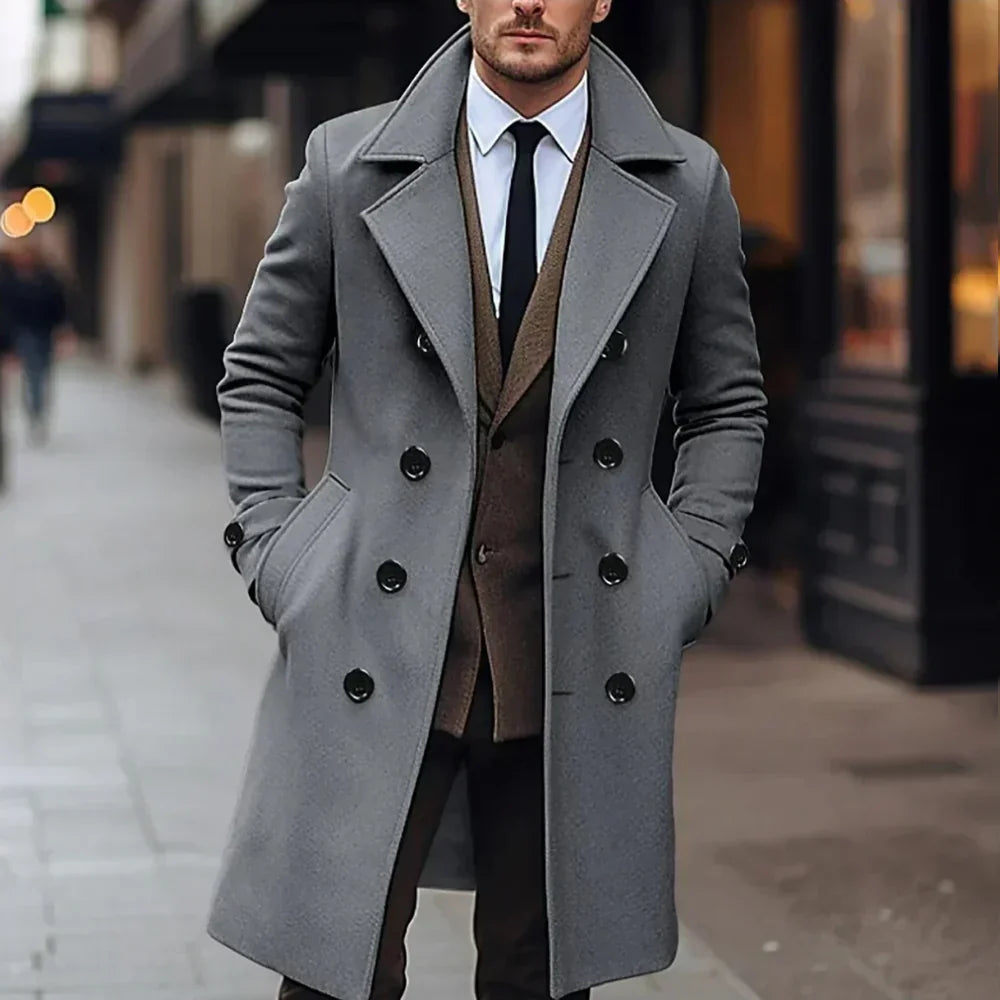 Men's classic double-breasted overcoat. Tailored long trench coat for formal or smart casual outerwear fashion.