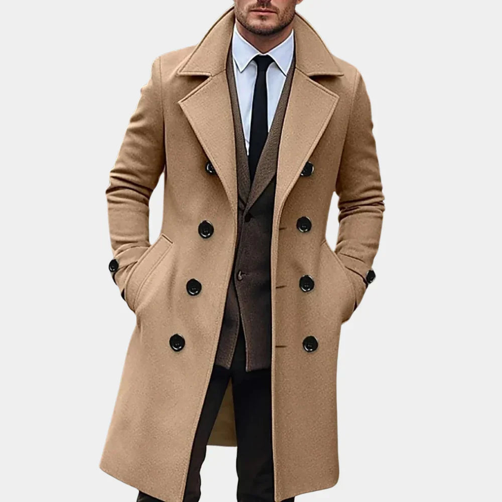Versatile men's double-breasted long overcoat, perfect for all-season style. A classic tailored trench coat.