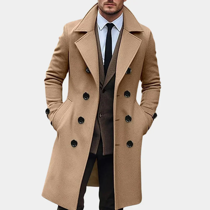 Versatile men's double-breasted long overcoat, perfect for all-season style. A classic tailored trench coat.
