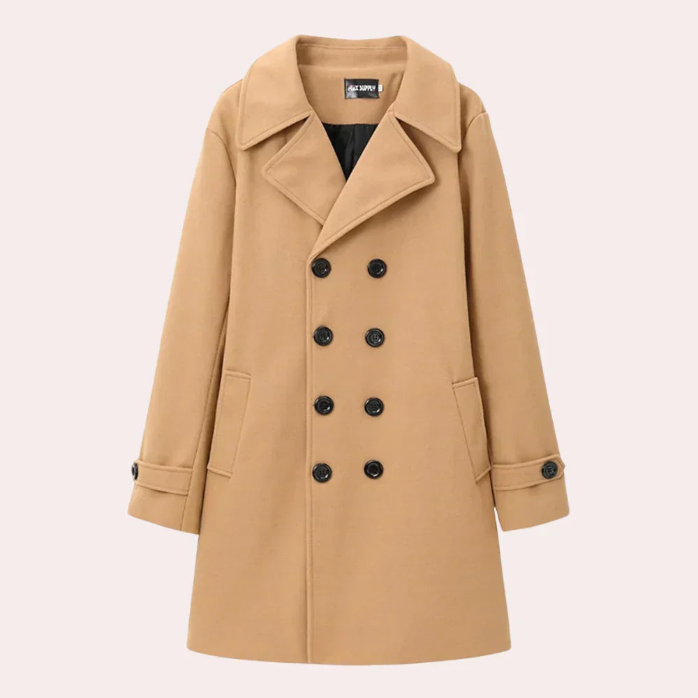 Stylish men's double-breasted overcoat. Long tailored trench coat, an essential piece of men's fashion outerwear.