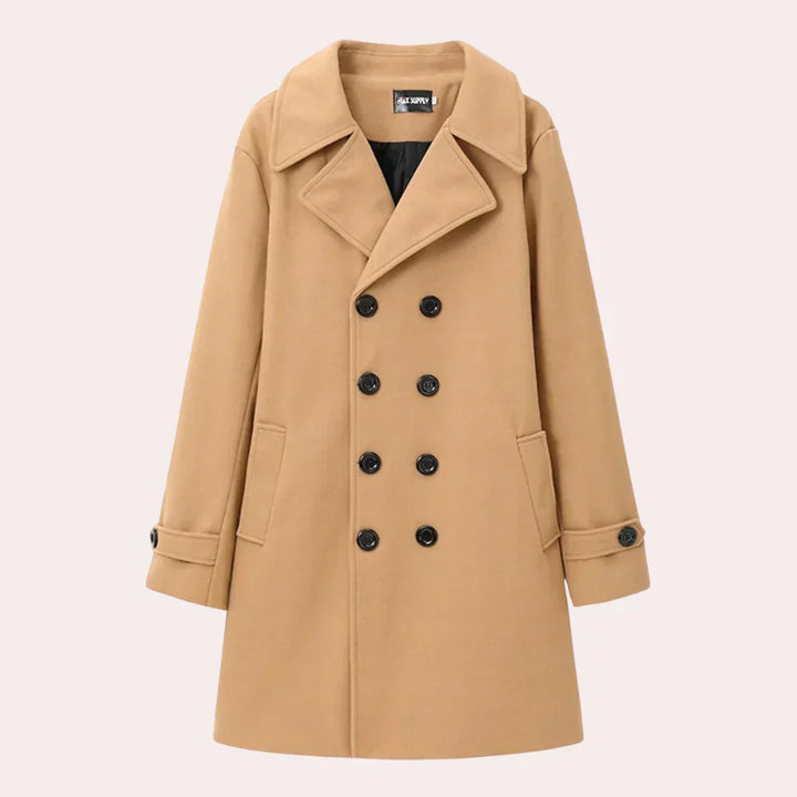Stylish men's double-breasted overcoat. Long tailored trench coat, an essential piece of men's fashion outerwear.