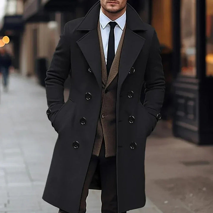 Modern classic men's double-breasted overcoat. A stylish tailored long trench coat for versatile men's fashion.