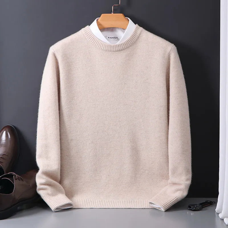 Soft navy blue men's knit crewneck sweater, a warm and comfortable choice for winter layering & everyday wear.