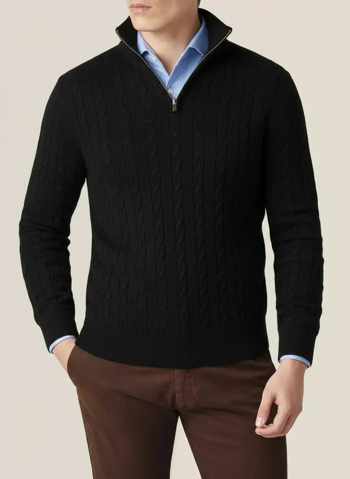 Men's classic half-zip jumper with stand collar. Ideal for smart casual winter style.